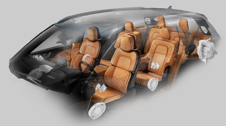 A computer-generated image of a 2022 Lincoln® Aviator displays the placement of the Revel® Ultima 3D audio system