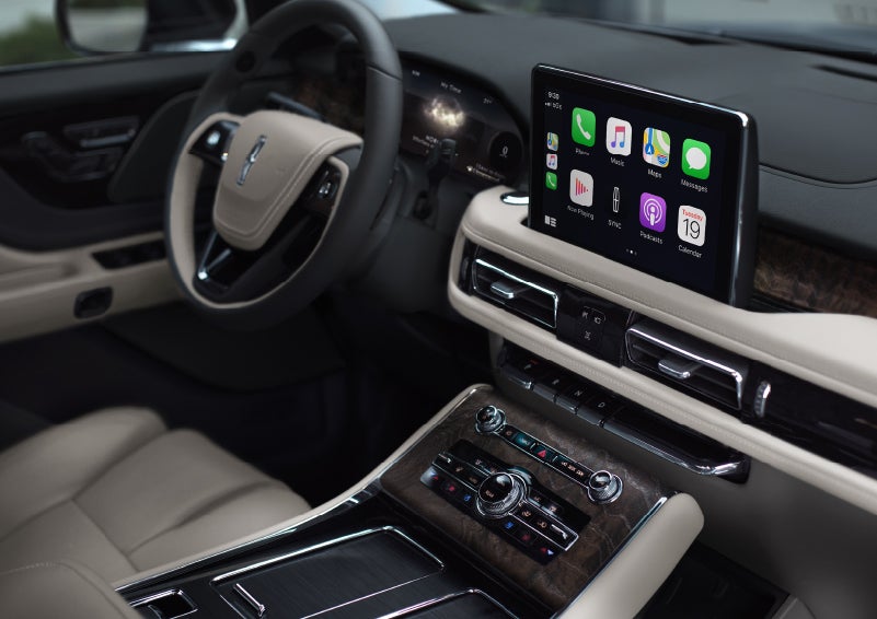 The center console touchscreen of a 2022 Lincoln® Aviator displaying a number of smartphone compatible capabilities