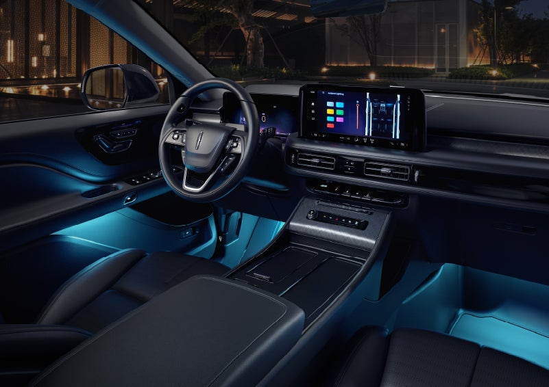 Deep blue ambient lighting glows from various places within a 2026 Lincoln Aviator® SUV. | Cavalier Lincoln in Chesapeake VA